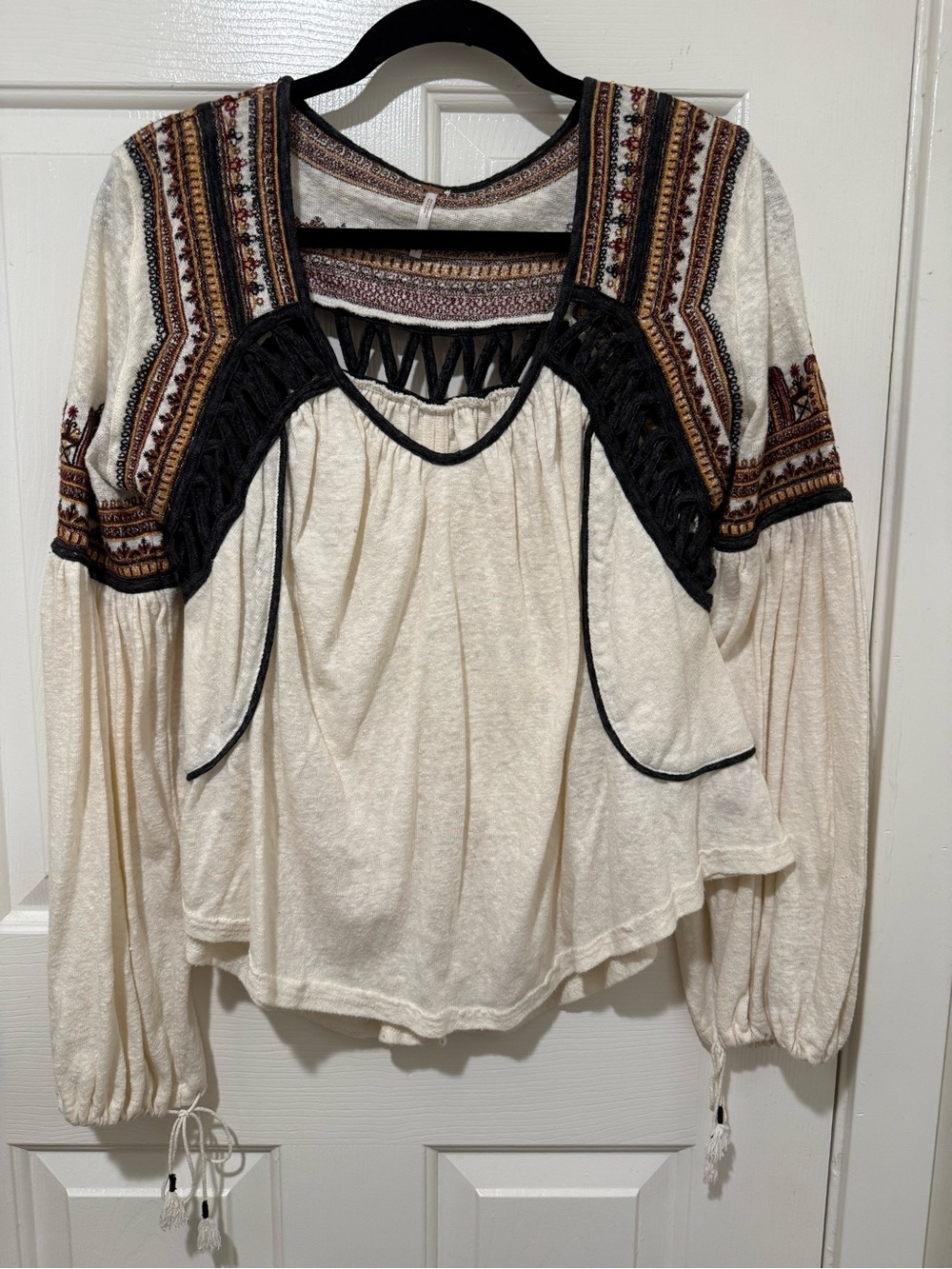 Free People Cream Snow Kisses - Boho Embroidered Tunic with Black Trim - Picture 4 of 14